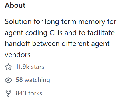 The About box of ai-memory on GitHub: long term memory for coding agents and handoff between different agent vendors, about 11.9k stars.