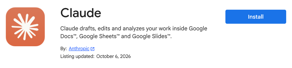 הדף של Claude ב-Google Workspace Marketplace, מאת Anthropic, עם הכפתור הכחול Install מימין.