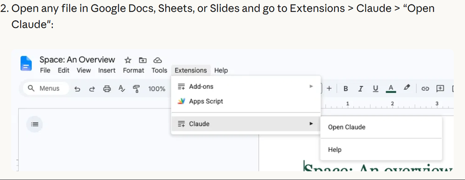 מרכז העזרה של Claude: במסמך Google Docs פתוח התפריט Extensions, עם Claude מסומן והאפשרות Open Claude לידו.
