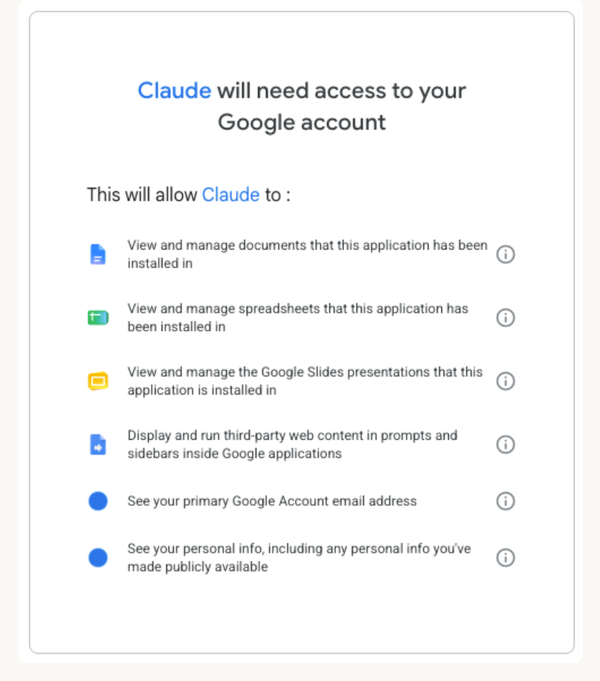 מסך ההרשאות של Google: Claude צריך גישה לחשבון Google כדי לצפות ולערוך מסמכים, גיליונות ומצגות שהוא מותקן בהם, ולהציג את סרגל הצד.