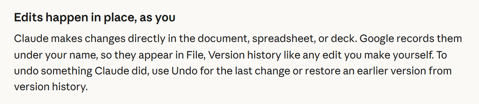 מרכז העזרה של Claude, Edits happen in place, as you: Google רושמת את השינויים של Claude על השם שלכם, והם מופיעים ב-File, Version history כמו כל עריכה שלכם.