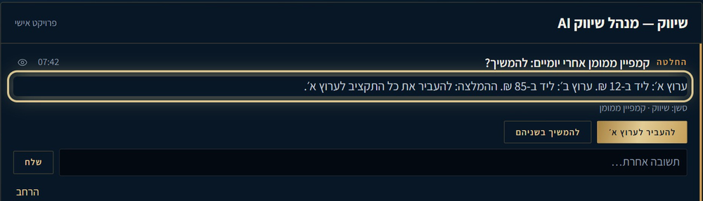 A decision card on the demo desk: paid campaign after two days, continue? Channel A: a lead for 12 shekels. Channel B: a lead for 85. Recommendation: move the whole budget to channel A. Buttons: move to channel A (gold, recommended) and keep both, plus a box for another answer.