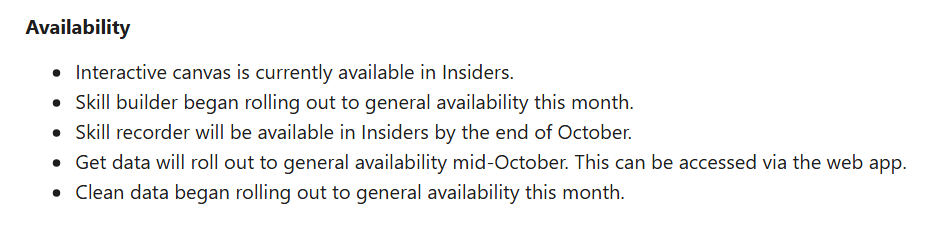 Availability list from Microsoft's Excel blog post of 12 October 2026: interactive canvas in Insiders, skill builder rolling out to general availability this month, skill recorder in Insiders by the end of October, get data rolling out to general availability mid-October in the web app, clean data rolling out to general availability this month.