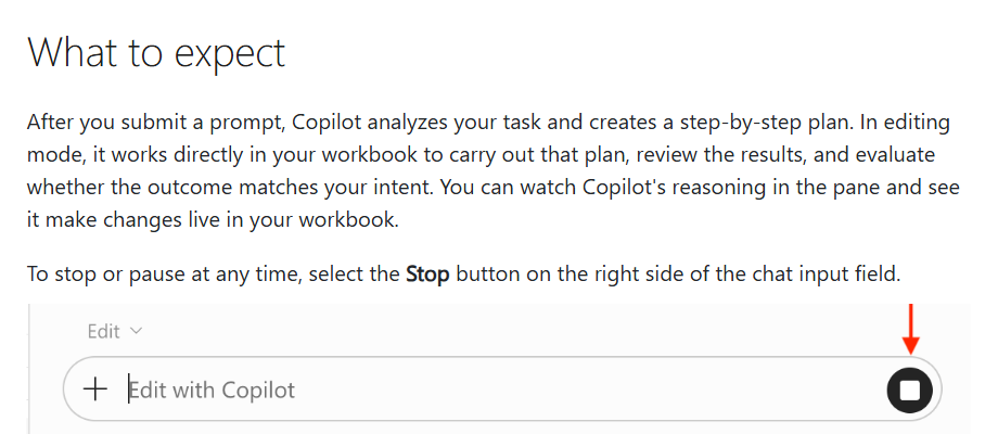 Microsoft Support, What to expect: Copilot creates a step-by-step plan, works in your workbook, and you can watch its reasoning and see changes live. To stop or pause at any time, select the Stop button on the right side of the chat input field. Below, the Copilot prompt field with the Stop button.