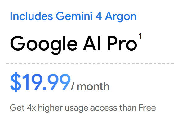 Google AI Pro plan card on gemini.google: Includes Gemini 4 Argon, $19.99 a month, 4x higher usage access than Free.