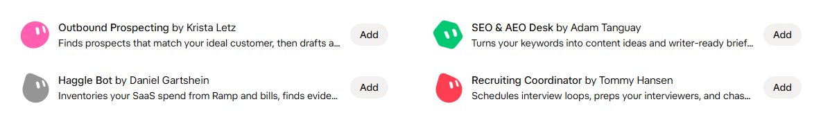 Grok Bot Marketplace, From Grok Bot Team: Outbound Prospecting, SEO and AEO Desk, Haggle Bot and Recruiting Coordinator, each with an Add button.