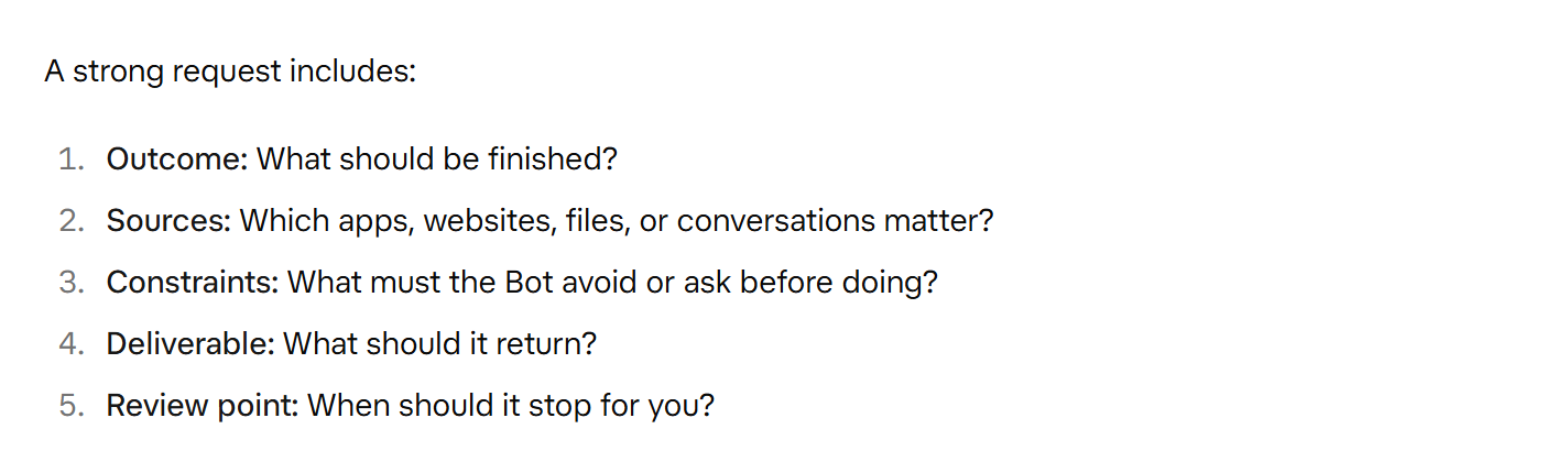 Grok Bot docs, Get started: a strong request includes outcome, sources, constraints, deliverable and review point.