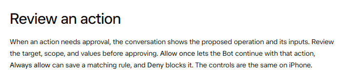 Grok Bot docs, Review an action: the conversation shows the proposed operation and its inputs. Allow once lets the Bot continue, Always allow can save a matching rule, and Deny blocks it.