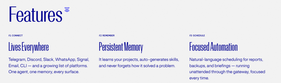 The features section of the Hermes Agent website: Lives Everywhere, Persistent Memory, and Focused Automation with natural-language scheduling for reports, backups and briefings.