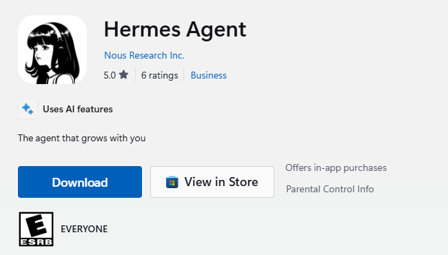 The Hermes Agent listing in the Microsoft Store, by Nous Research Inc., with the blue Download button.