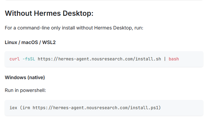 Hermes Agent docs, Installation: the command-line install line for Linux, macOS and WSL2, and the PowerShell line for native Windows.