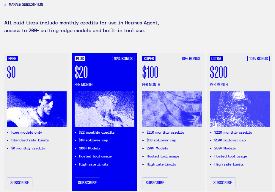 Nous Portal plans: Free $0 with free models only, Plus $20, Super $100 and Ultra $200 per month, each with monthly credits, 200+ models and hosted tool usage.