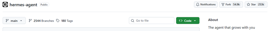 The hermes-agent repository on GitHub, public, with Fork 54.9k and Star 253k.