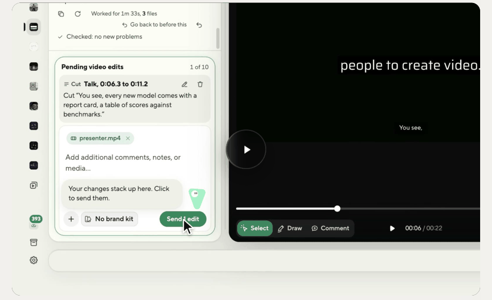 From the HyperFrames docs page on Script: the Studio app with the Pending video edits panel holding one cut, and the Send 1 edit button.