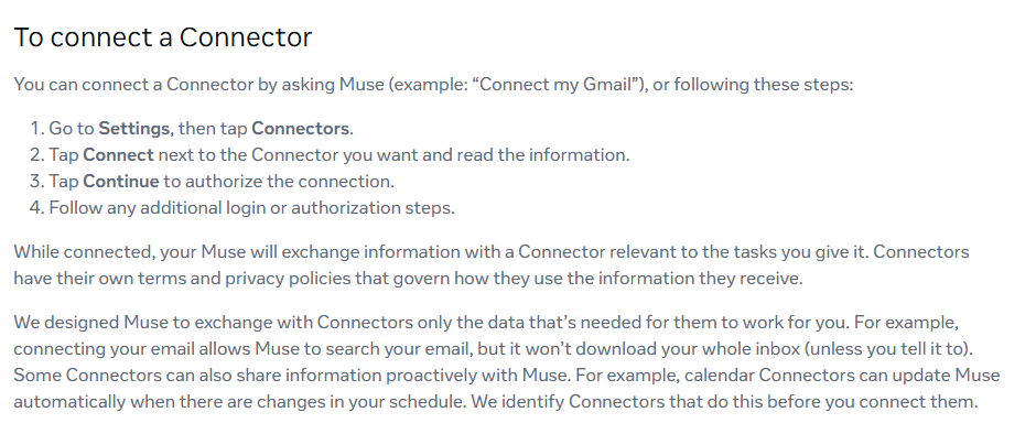 Meta Help Center, To connect a Connector: go to Settings, then tap Connectors; tap Connect next to the Connector; tap Continue; follow any additional login steps.