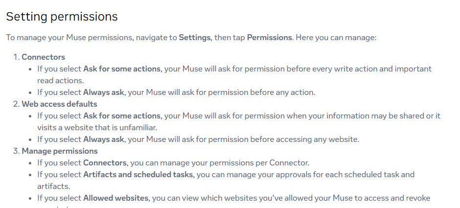 Meta Help Center, Setting permissions: in Settings, then Permissions, Connectors can be set to Ask for some actions or Always ask.