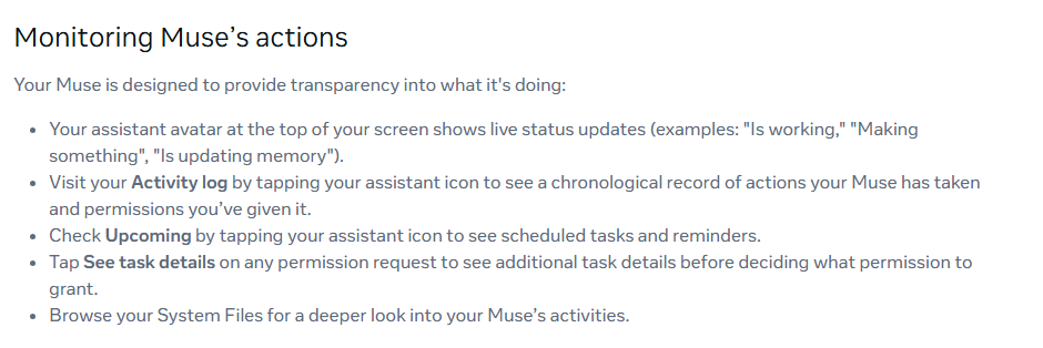 Meta Help Center, Monitoring Muse's actions: visit your Activity log by tapping your assistant icon to see a record of actions and permissions; check Upcoming for scheduled tasks.