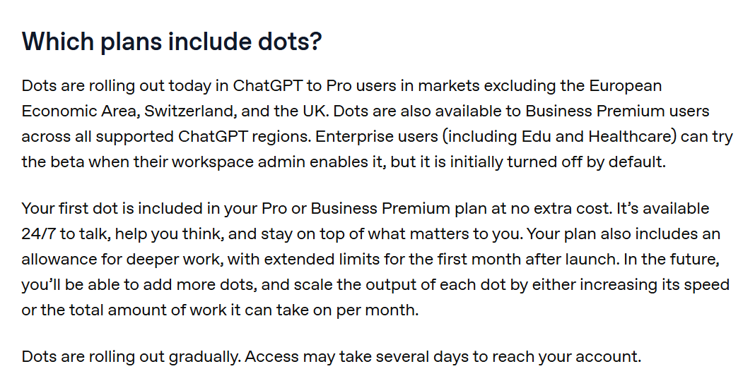 OpenAI Help Center, Which plans include dots: Pro outside the EEA, Switzerland and the UK, Business Premium in all supported regions, and a beta for Enterprise.
