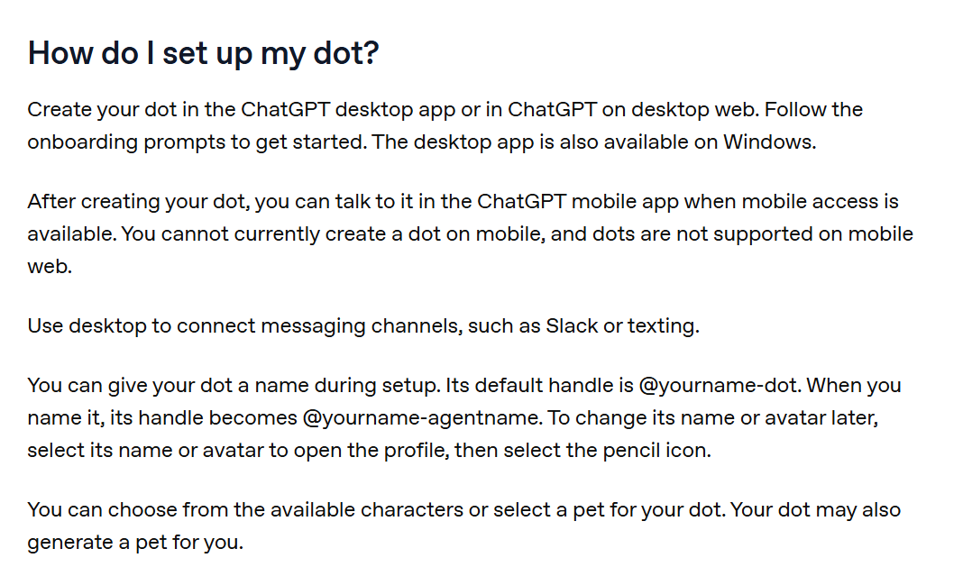 Help Center answer to How do I set up my dot: create it in the ChatGPT desktop app or on desktop web, name it, and its default handle is @yourname-dot.