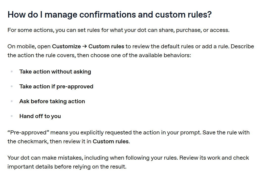 Help Center section on custom rules, listing the four settings: Take action without asking, Take action if pre-approved, Ask before taking action and Hand off to you.