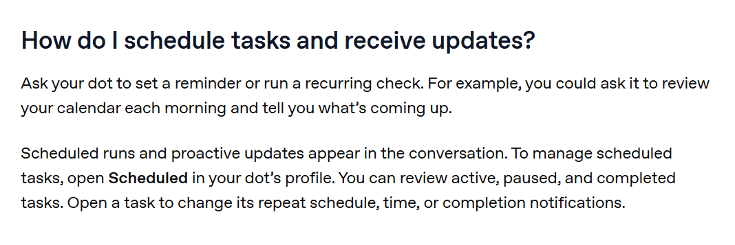Help Center section How do I schedule tasks: ask your dot to review your calendar each morning, then manage the task under Scheduled in its profile.