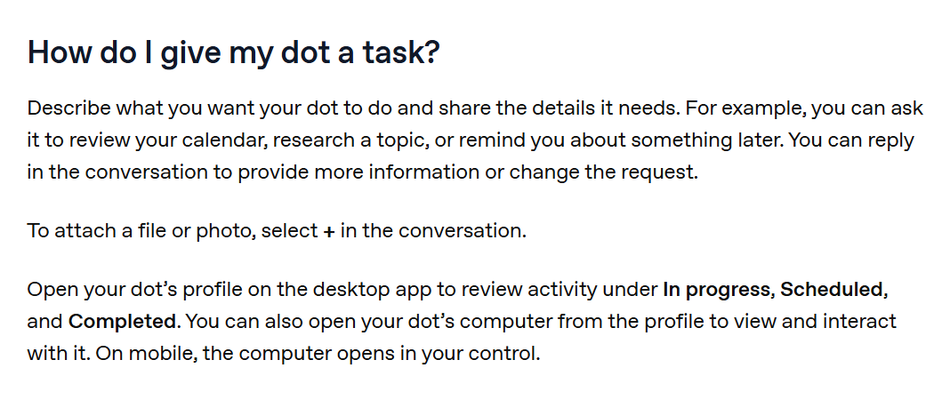 Help Center text: open your dot's profile on the desktop app to review activity under In progress, Scheduled and Completed, and open your dot's computer from the profile.